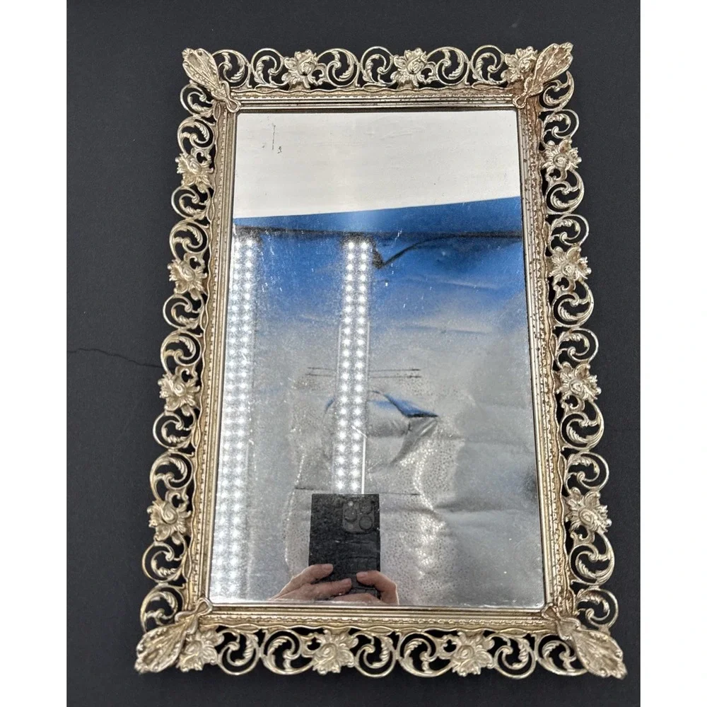 Vtg Ornate Vanity Mirror picture Stand Alone Or Tray keeper 15